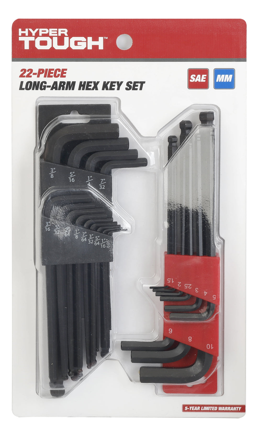 Hyper Tough 22-Piece Long-Arm Ball End Hex Key Set with Organizer (SAE and mm)