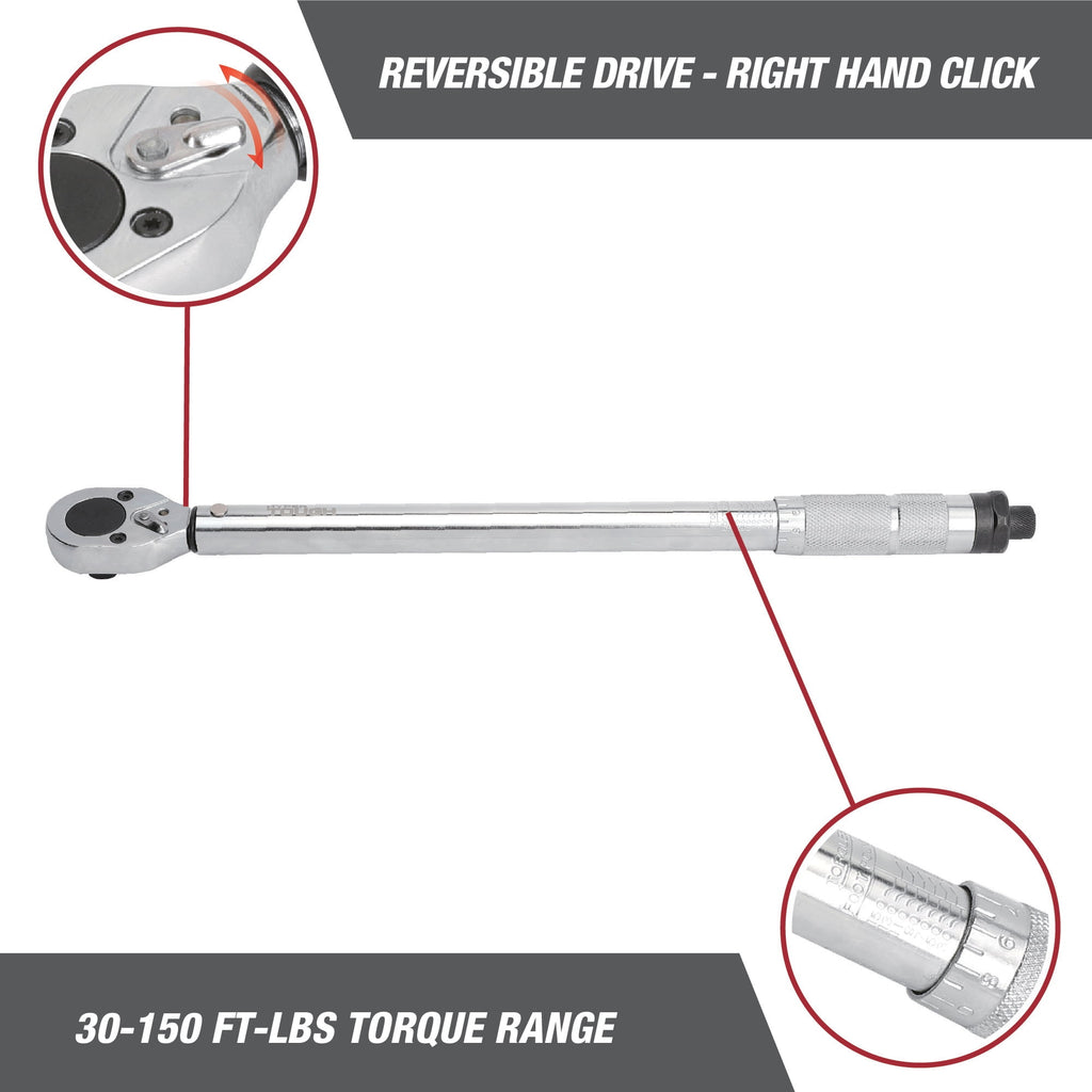Hyper Tough Heavy Duty 1/2-inch Torque Wrench with Storage Case, 30-150 ft-lbs