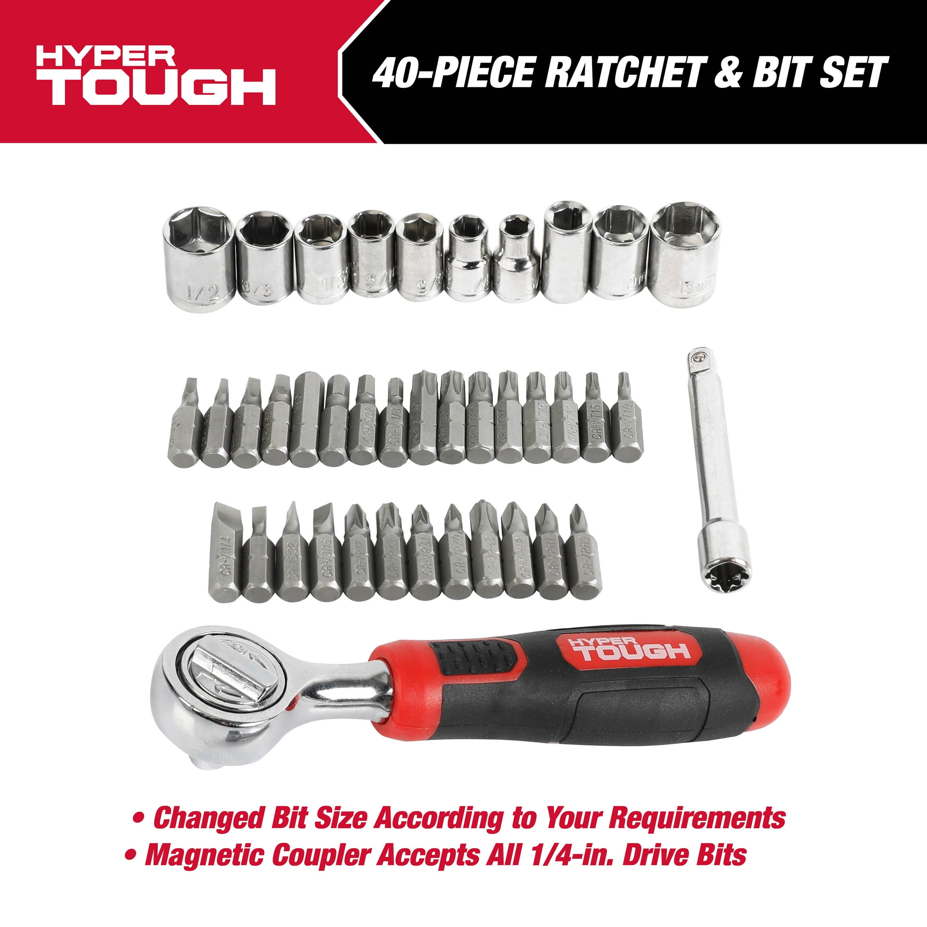 Hyper Tough 40-Piece Ratchet with Sockets and Bits in Click Fit Case