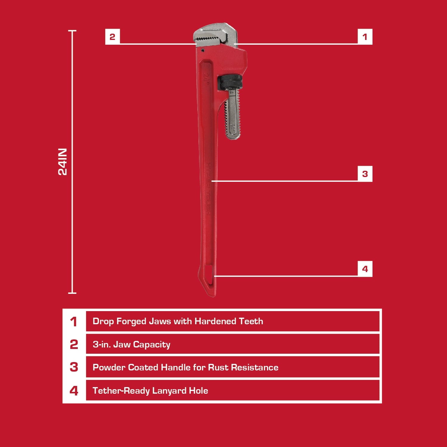 Hyper Tough 24-inch Heavy-Duty Pipe Wrench with 3-in. Jaw Capacity