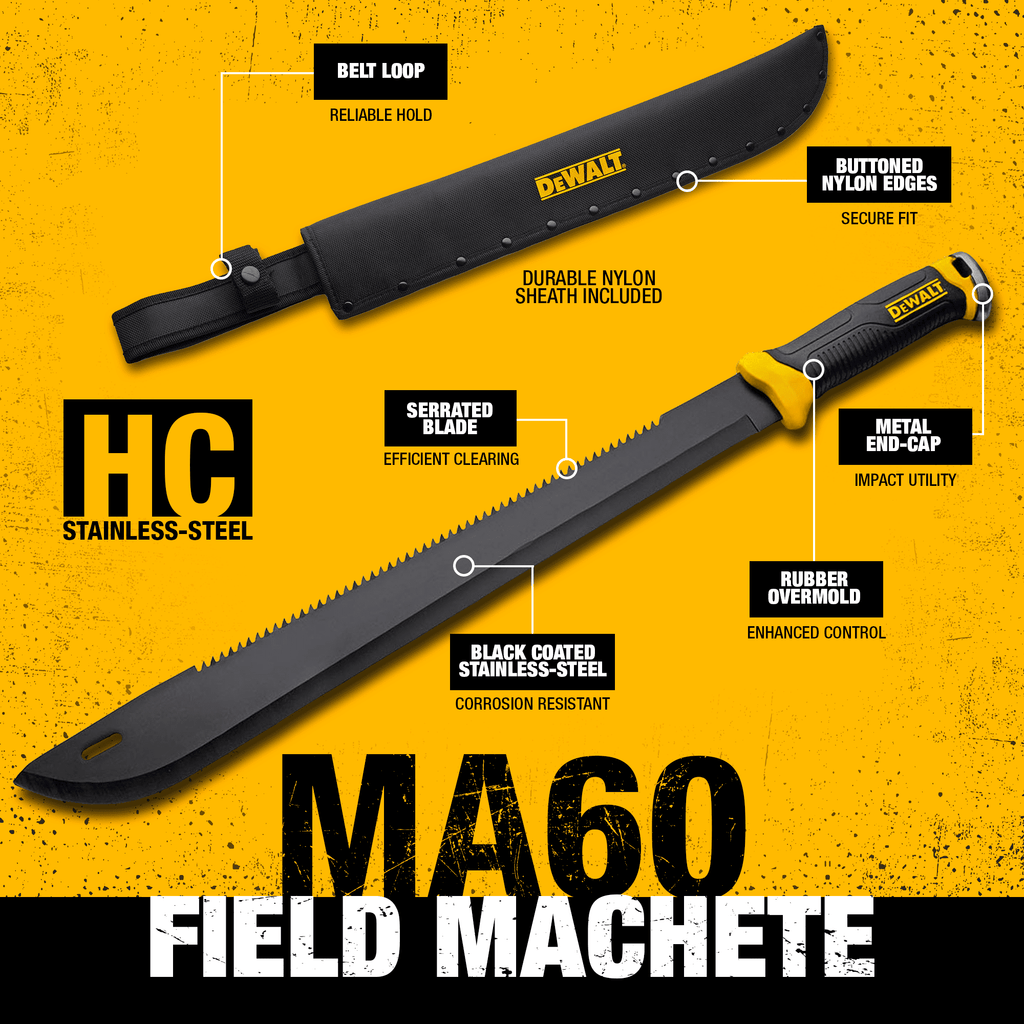 DEWALT 24 Inch Full Tang Stainless Steel Blade with Saw Back Construction & Non-Slip Handle with Nylon Sheath for Brush Clearing, Yard Work, Camping & Outdoor Use