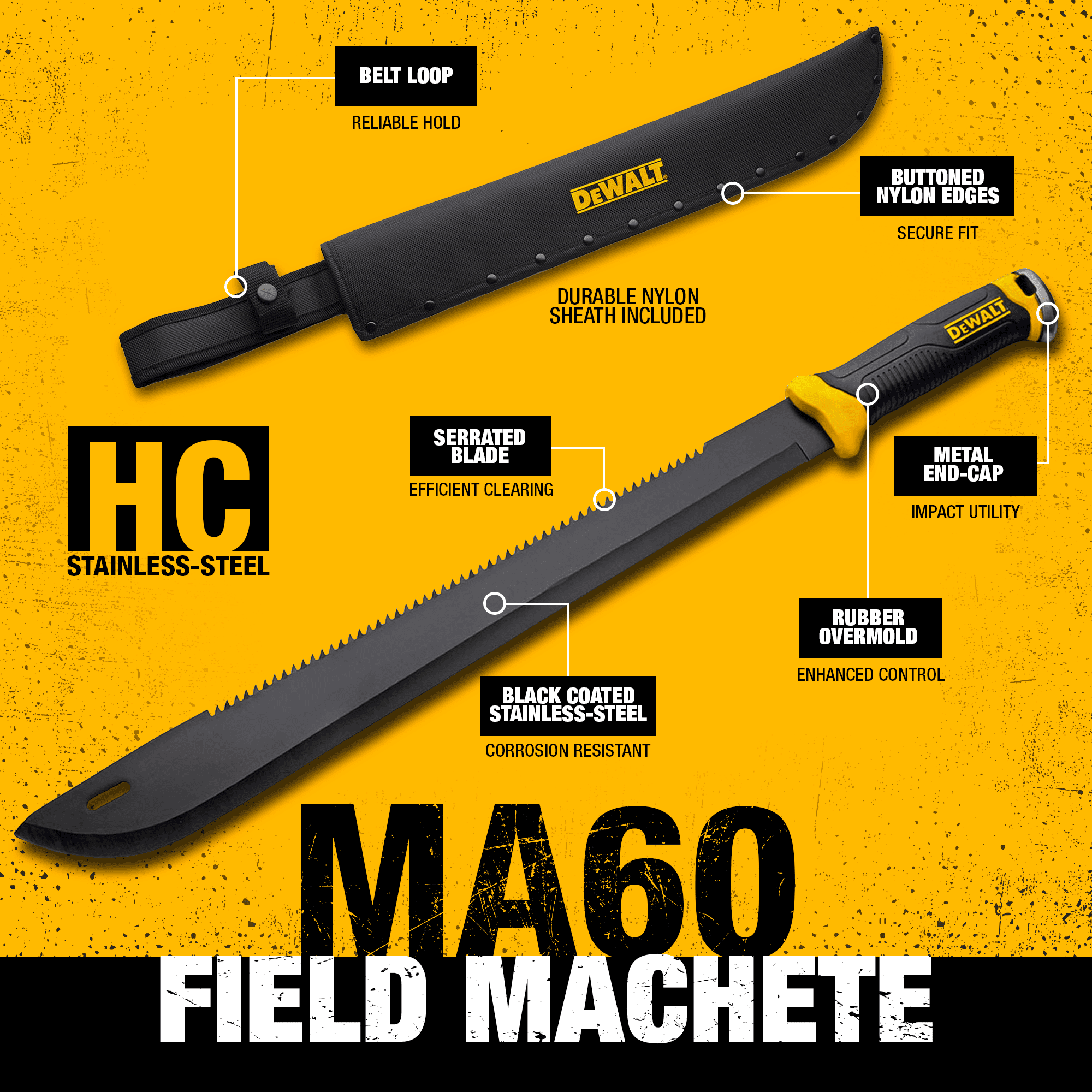DEWALT 24 Inch Full Tang Stainless Steel Blade with Saw Back Construction & Non-Slip Handle with Nylon Sheath for Brush Clearing, Yard Work, Camping & Outdoor Use