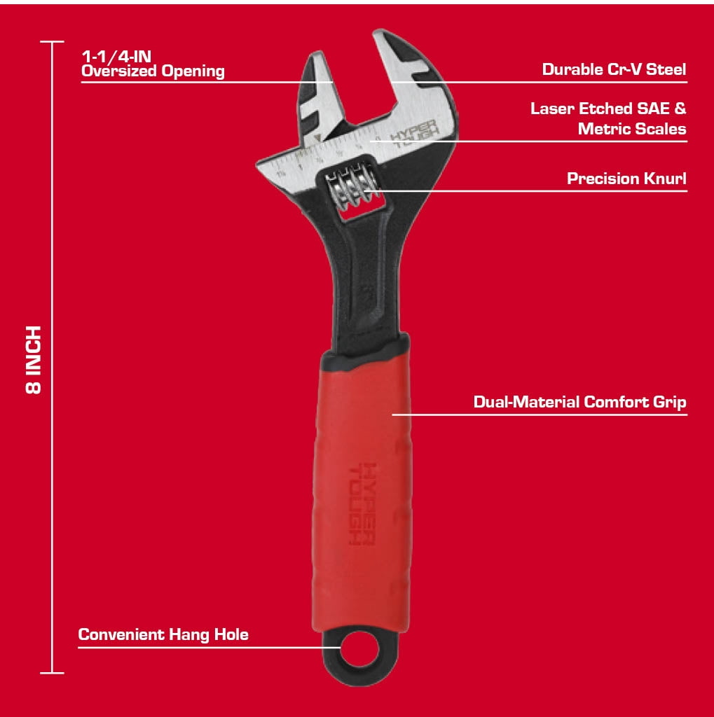 Hyper Tough 8-inch Wide Jaw Adjustable Wrench, Dual Material Comfort Grips