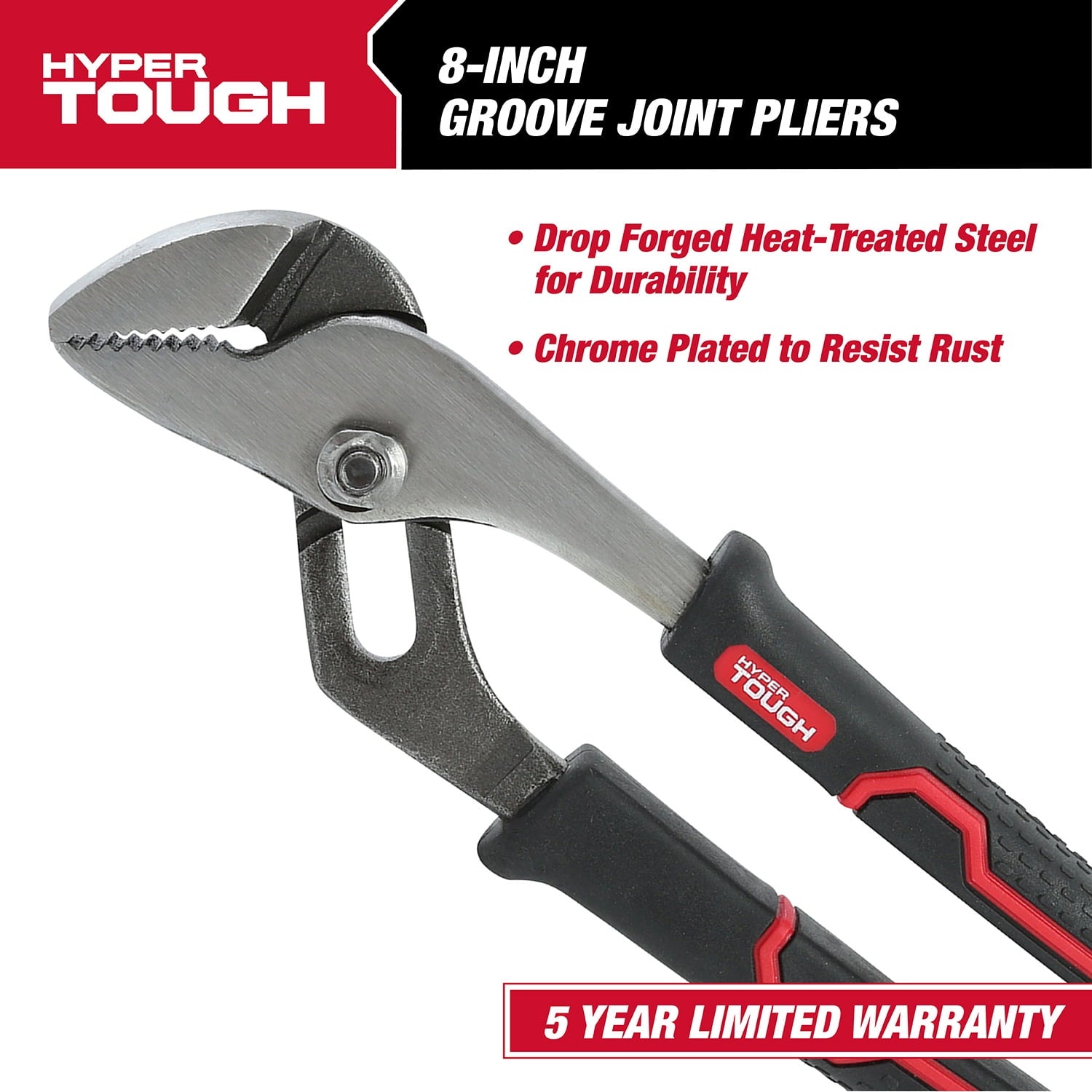 Hyper Tough 8-inch Groove Joint Pliers with Ergonomic Comfort Grips, Black 5368V