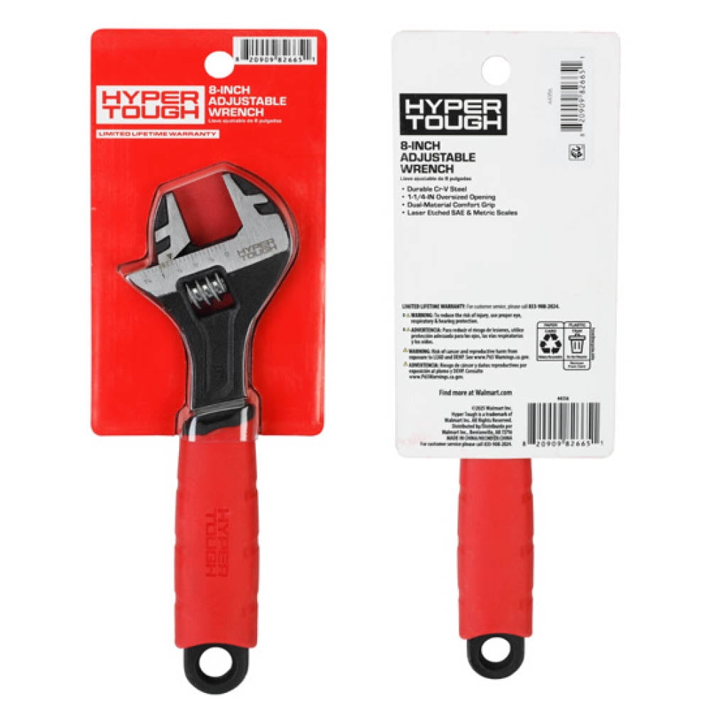 Hyper Tough 8-inch Wide Jaw Adjustable Wrench, Dual Material Comfort Grips