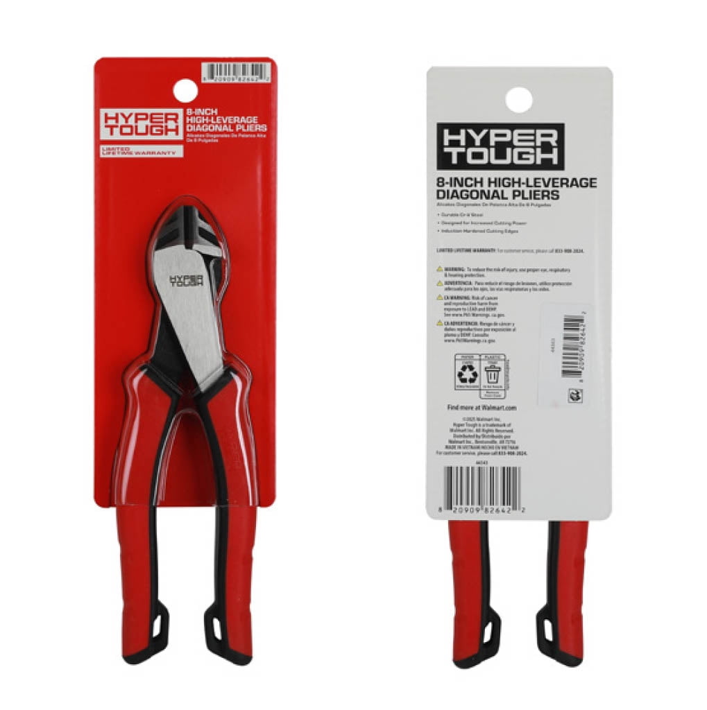 Hyper Tough 8-inch High Leverage Diagonal Pliers with Dual Material Comfort Grips