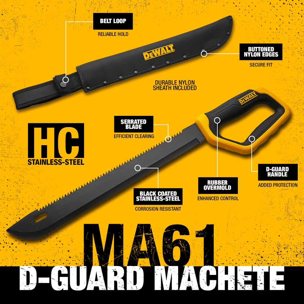 DEWALT 21 Inch D-Guard Utility Knife Full Tang Stainless Steel Blade with Saw Back & D-Guard Non-Slip Handle with Nylon Sheath for Brush Clearing, Yard Work, Camping and Outdoor Use