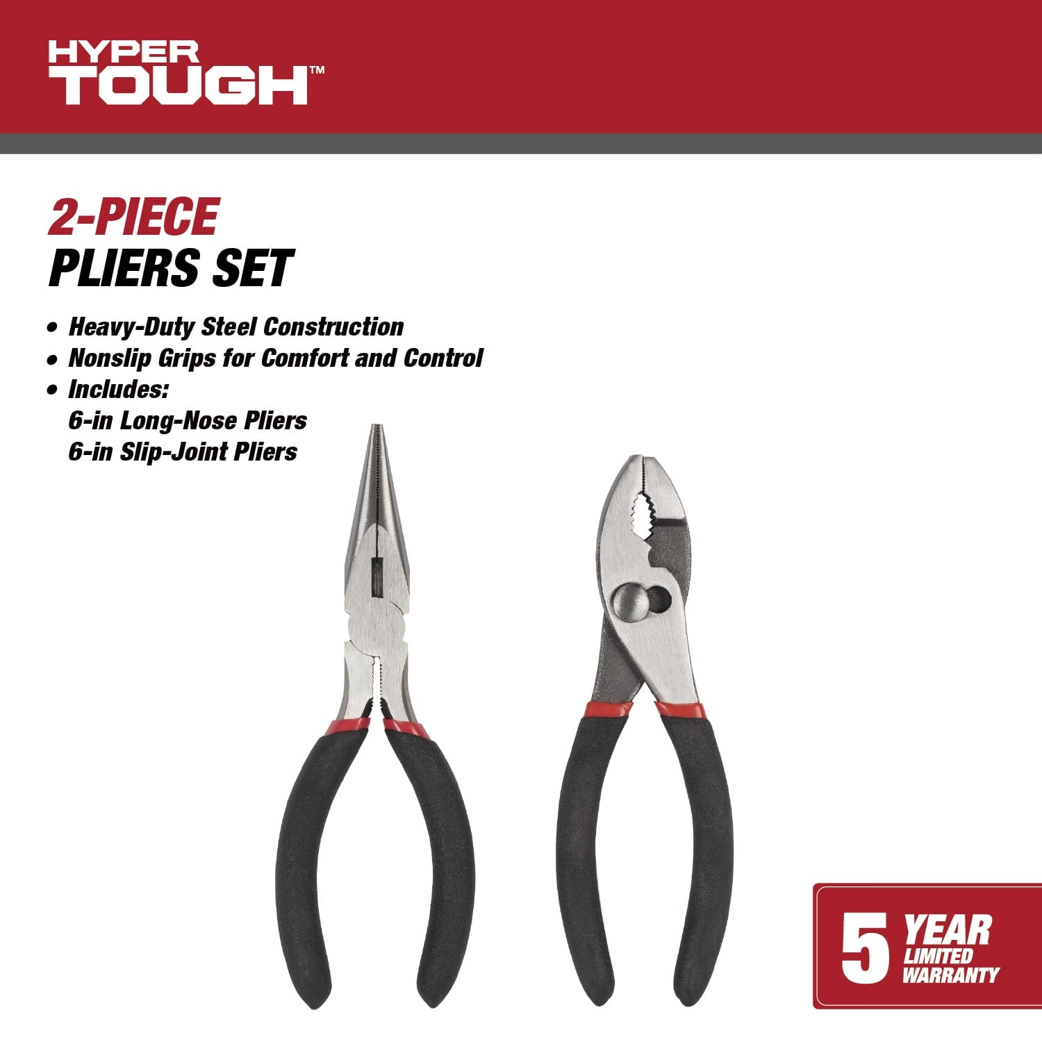 Hyper Tough 2-Piece 6-inch Pliers Set with Slip-Joint and Long Nose Pliers