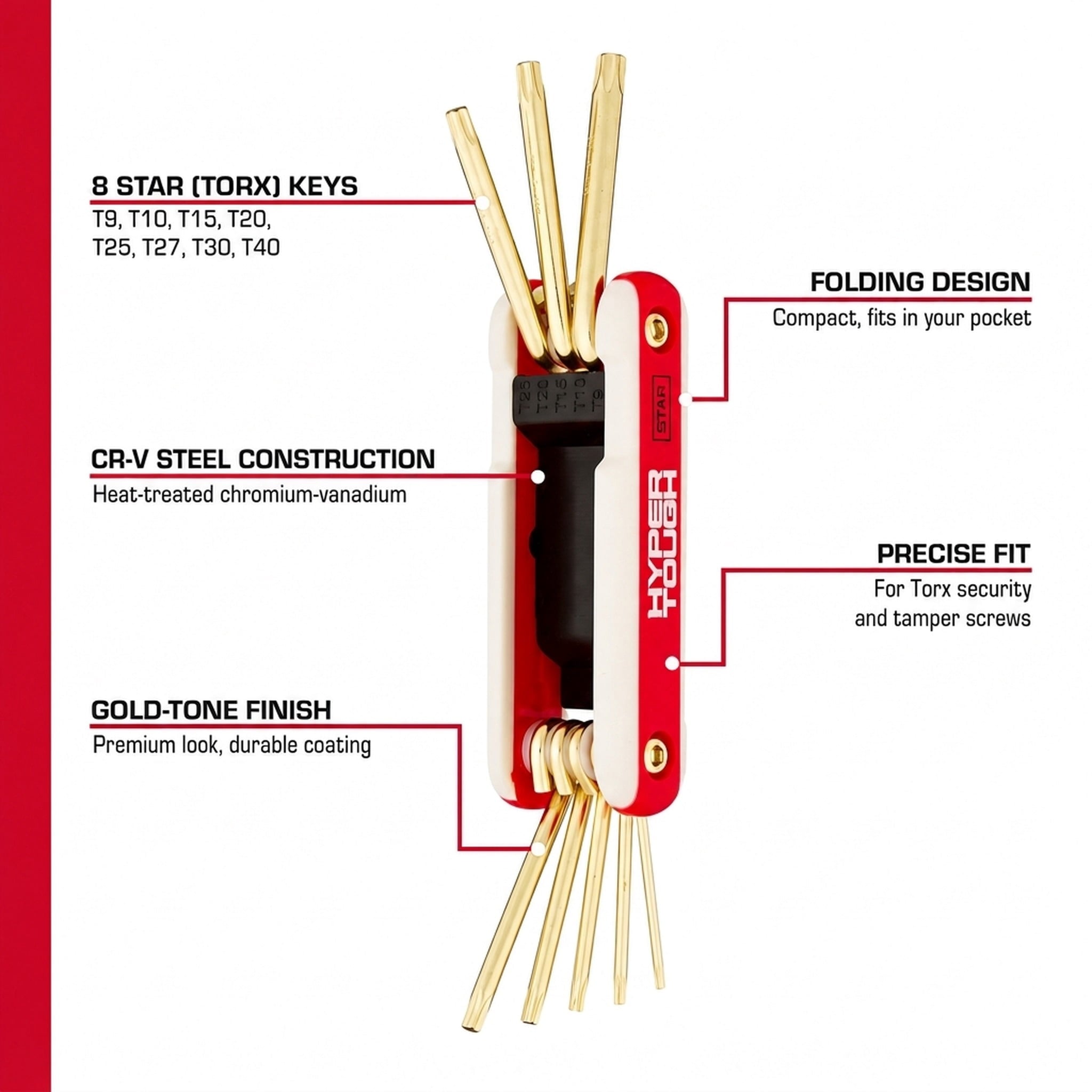 Hyper Tough Heavy-Duty Folding Star Hex Key Set, 8 Pieces