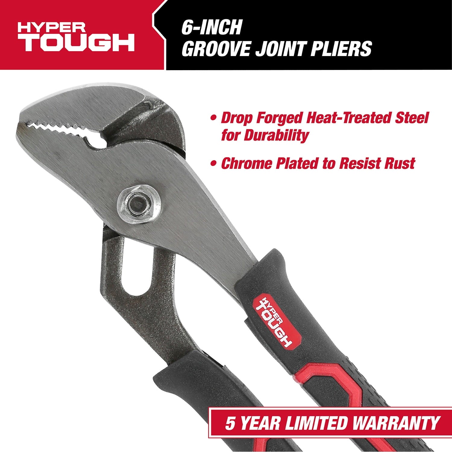 Hyper Tough 6-inch Groove Joint Pliers with Ergonomic Comfort Grips, Black 5576V