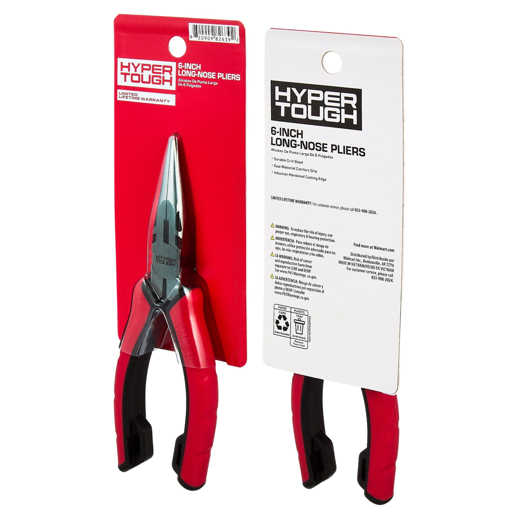 Hyper Tough 6-inch Long-Nose Pliers with Dual Material Comfort Grips