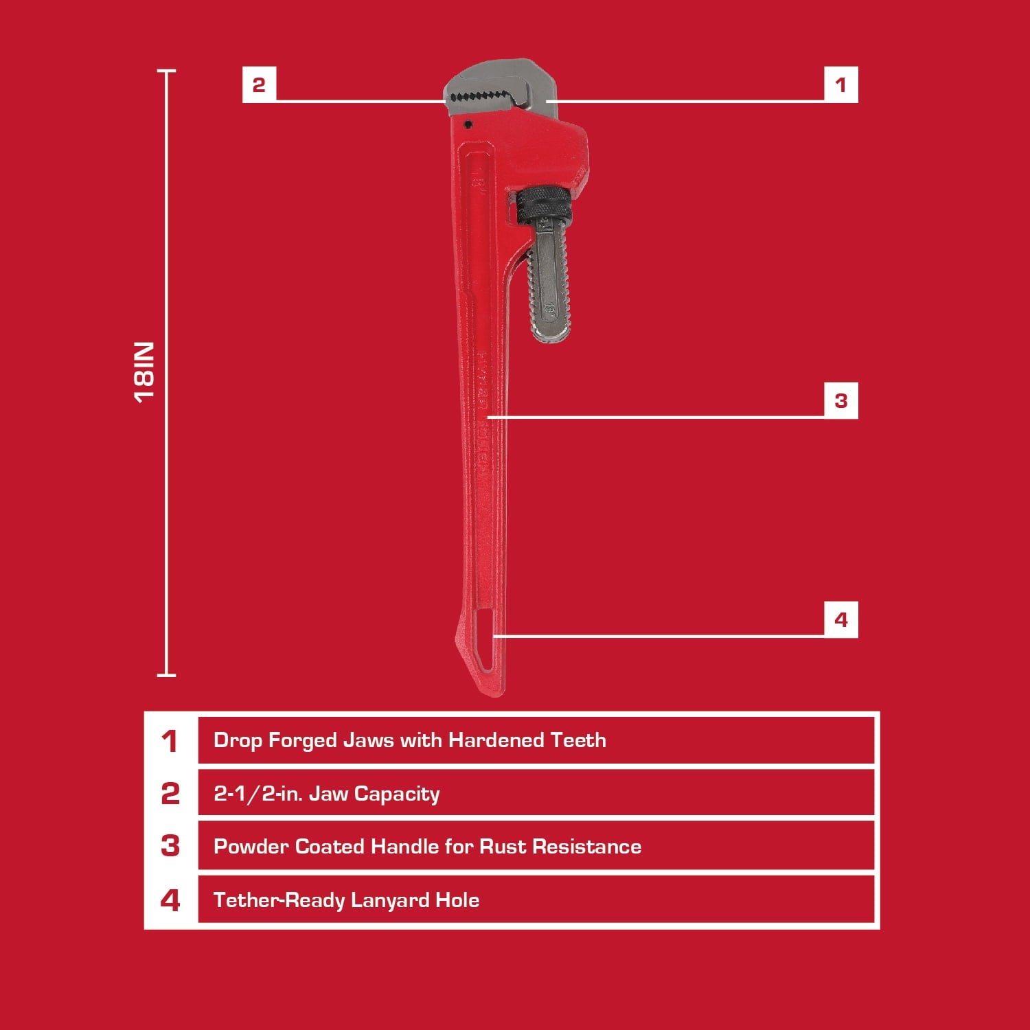 Hyper Tough 18-inch Heavy-Duty Pipe Wrench with 2-1/2 in. Jaw Capacity