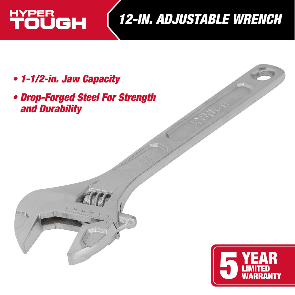 Hyper Tough 12-inch Adjustable Wrench, 1-3/4-inch Jaw Capacity
