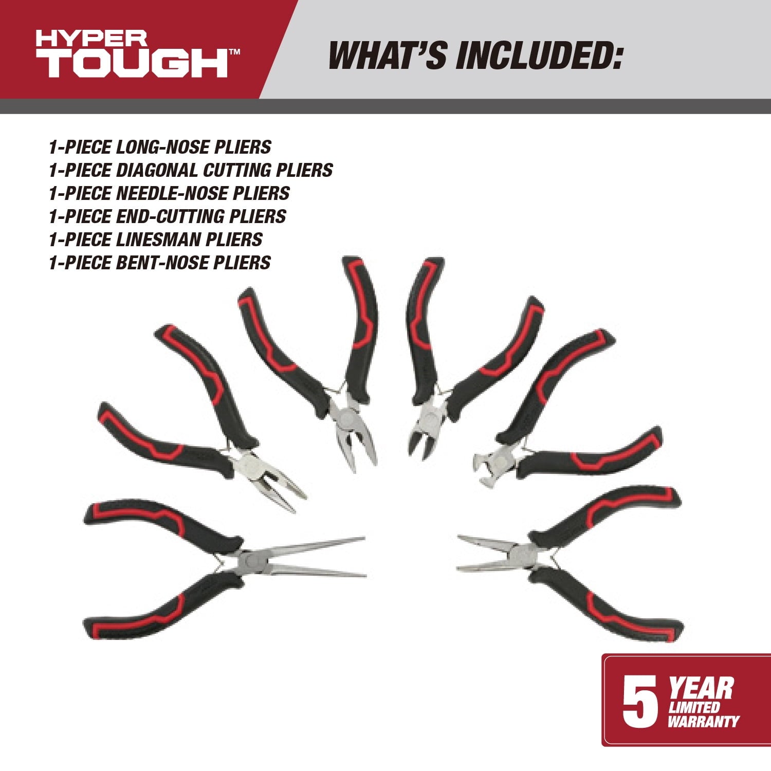 Hyper Tough 6-Piece Mini Pliers Set with Ergonomic Soft Grip Handles