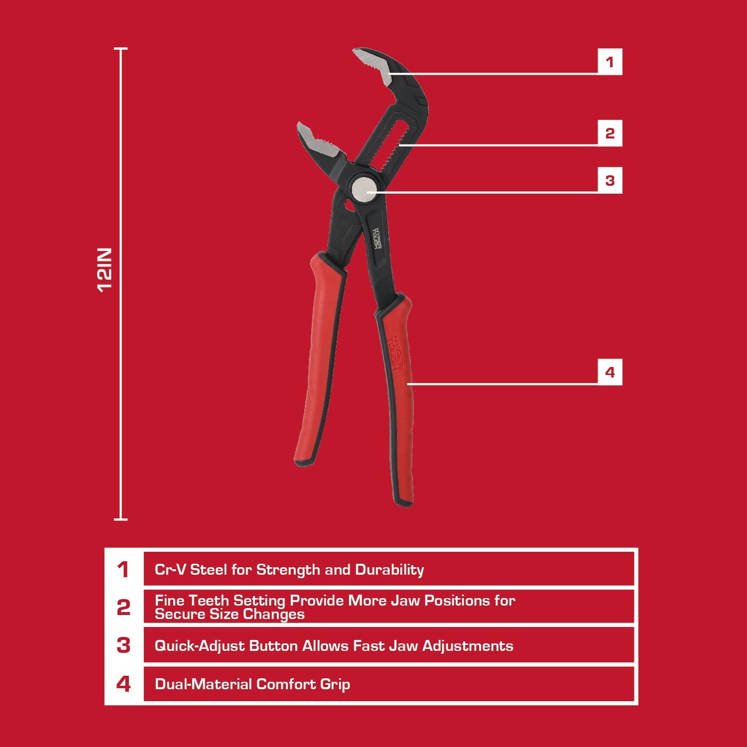 Hyper Tough 12-inch Quick-Adjust Groove Joint Pliers