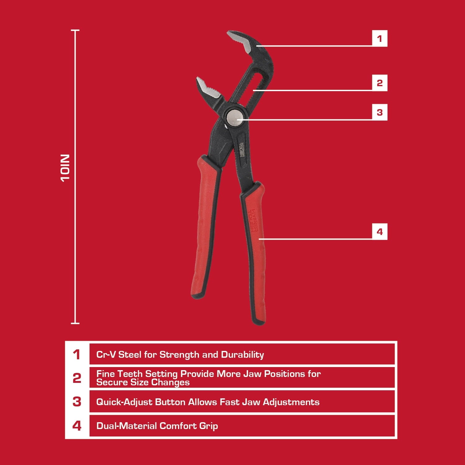 Hyper Tough 10-inch Quick Adjust Groove Joint Pliers