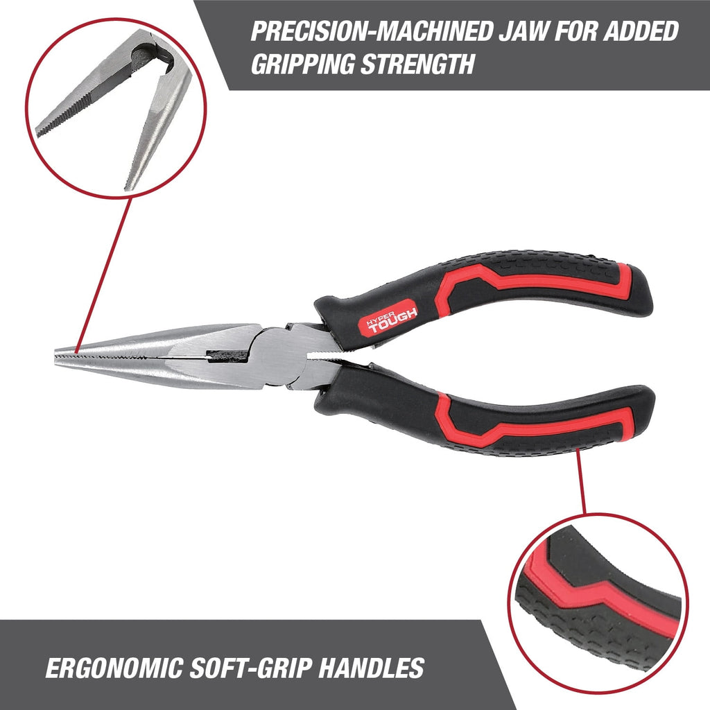 Hyper Tough 6-inch Long Nose Pliers with Ergonomic Soft Grip Handles