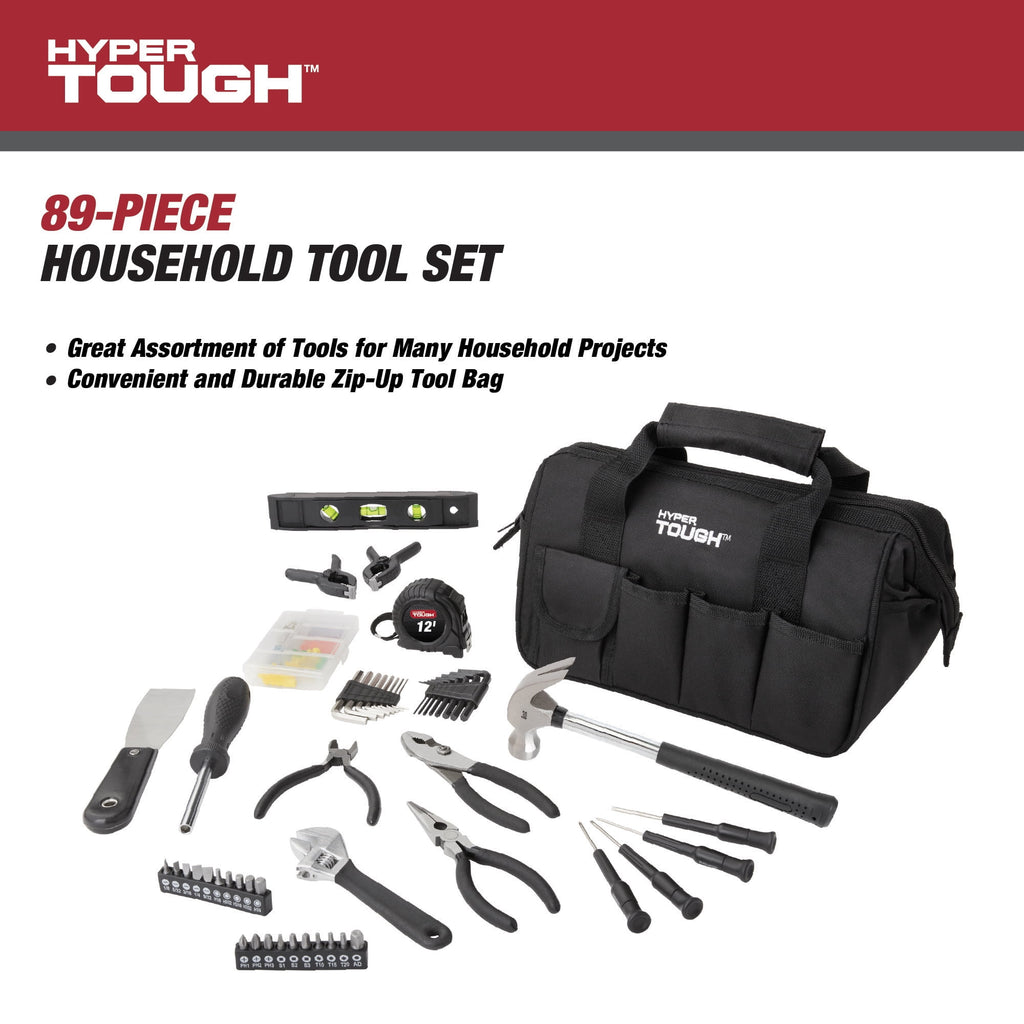 Hyper Tough 89-Piece Black Household Tool Set with 12-Pocket Tool Bag