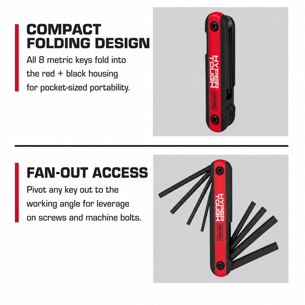 Hyper Tough Heavy-Duty Folding Metric Hex Key Set, 8 Pieces