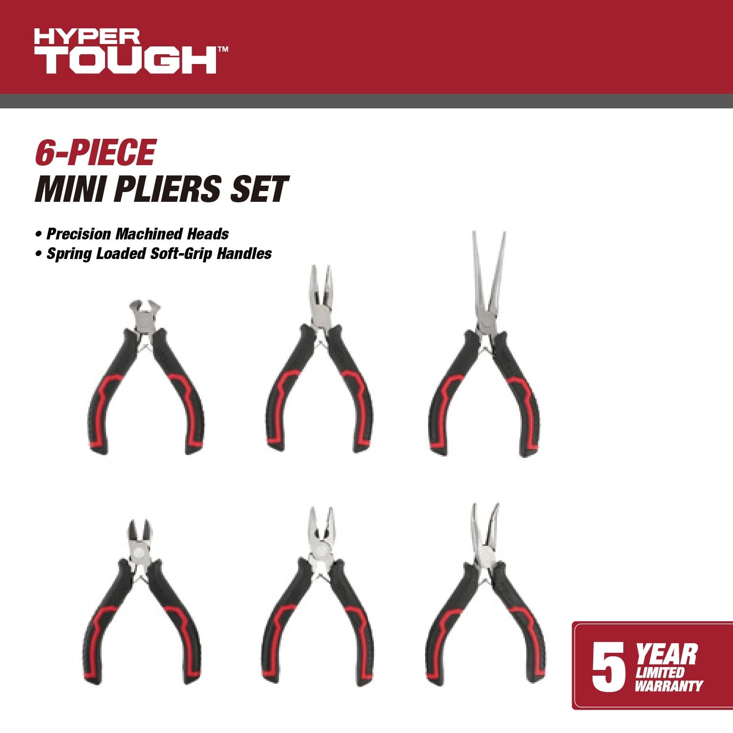 Hyper Tough 6-Piece Mini Pliers Set with Ergonomic Soft Grip Handles