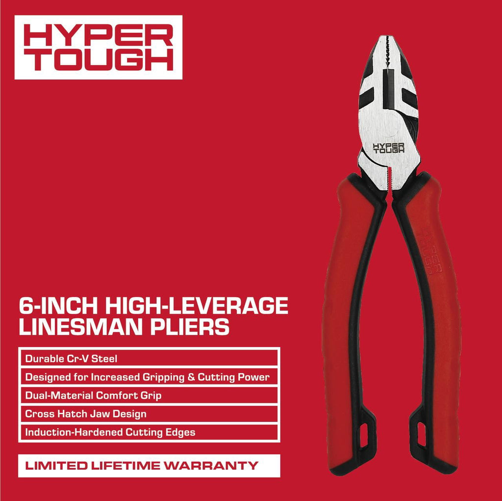 Hyper Tough 6-inch High Leverage Lineman Pliers with Dual Material Comfort Grips