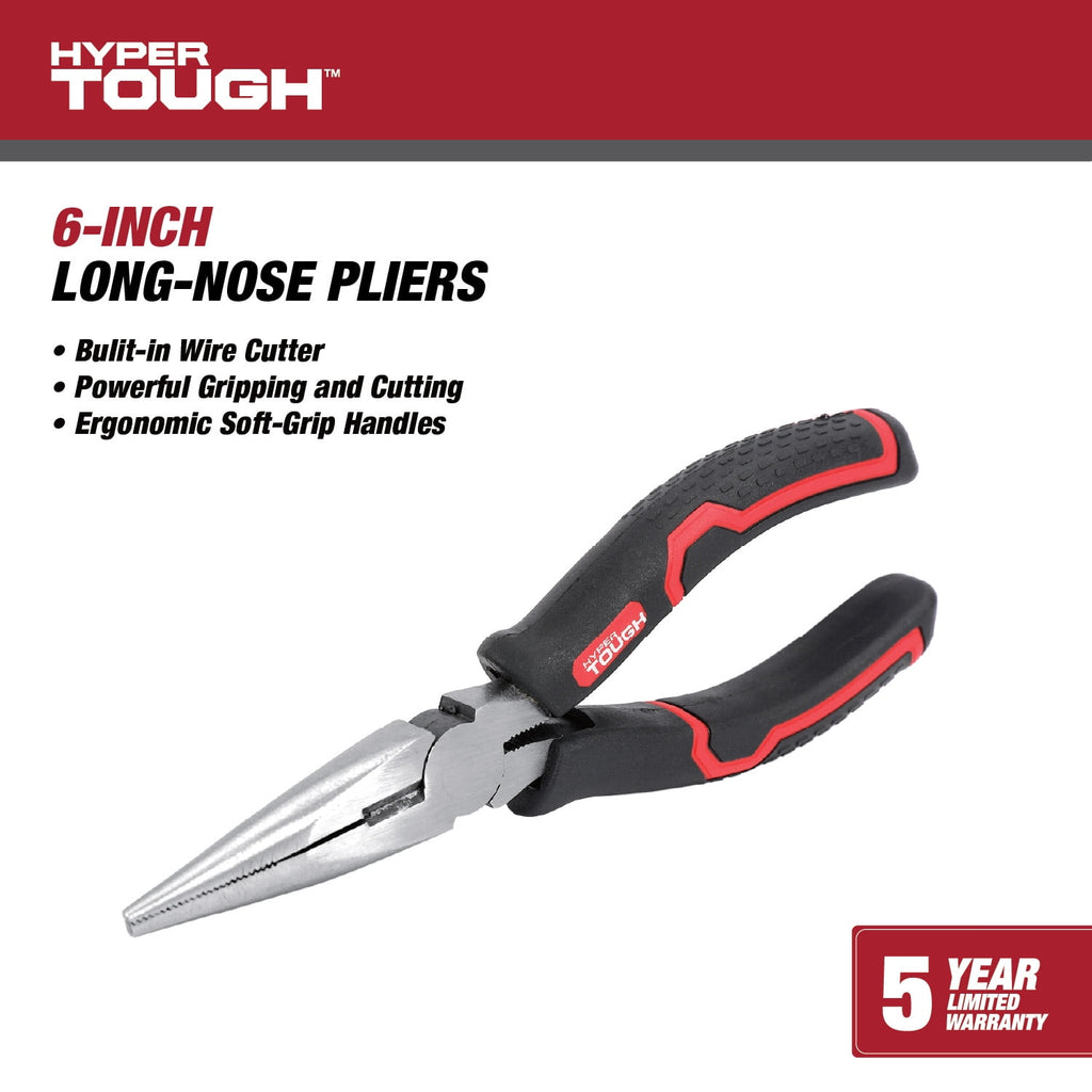 Hyper Tough 6-inch Long Nose Pliers with Ergonomic Soft Grip Handles