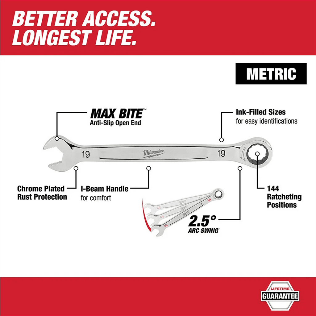 Milwaukee Tool 10MM Metric Ratcheting Combination Wrench, 12-Point, Steel, Chrome