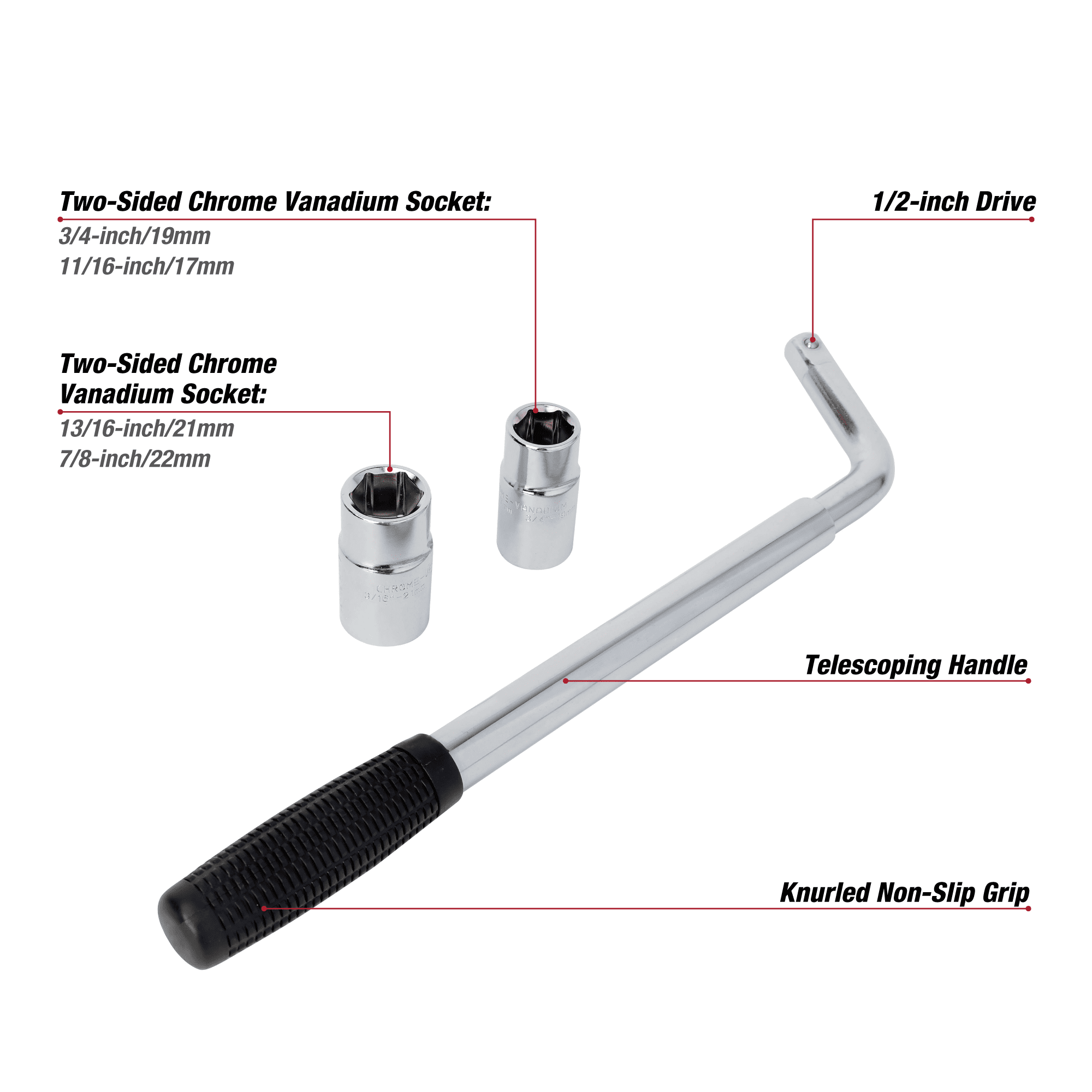 Hyper Tough Heavy Duty Extendable Lug Wrench, 15 to 22-inch Tire Iron, Chrome