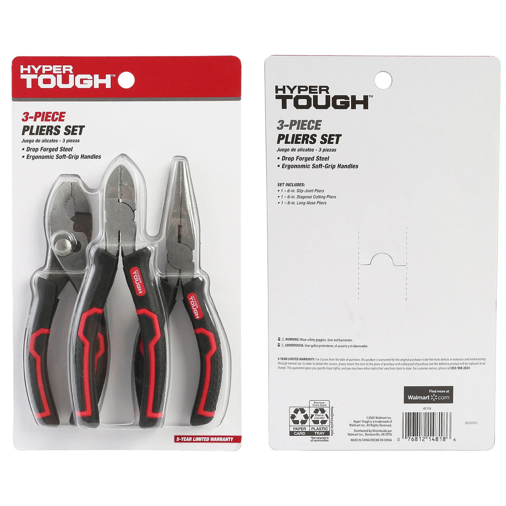 Hyper Tough 3-Piece Pliers Set with Ergonomic Soft Grip Handles, Diagonal Cutting Pliers, Slip Joint Pliers and Long Nose Plier set