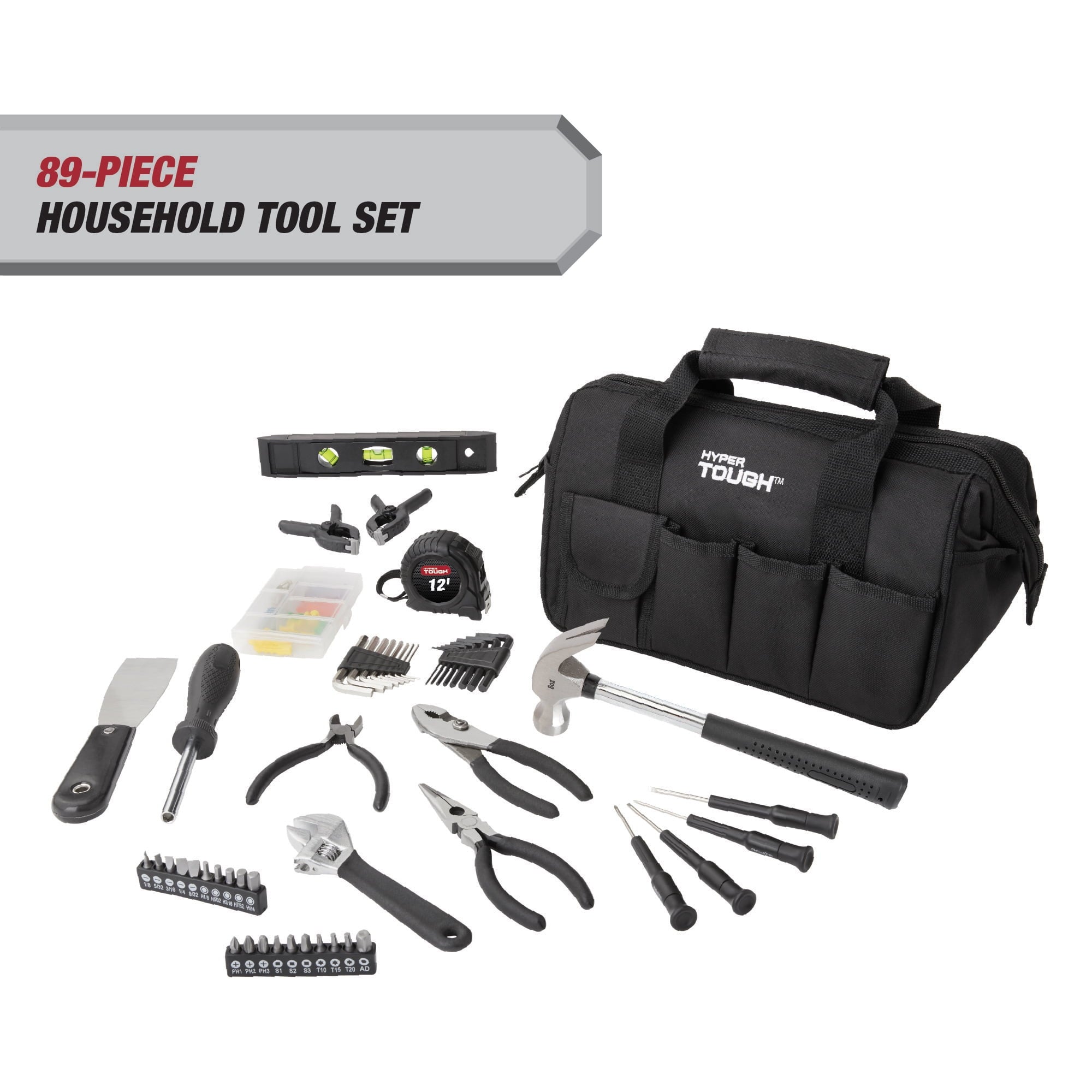 Hyper Tough 89-Piece Black Household Tool Set with 12-Pocket Tool Bag