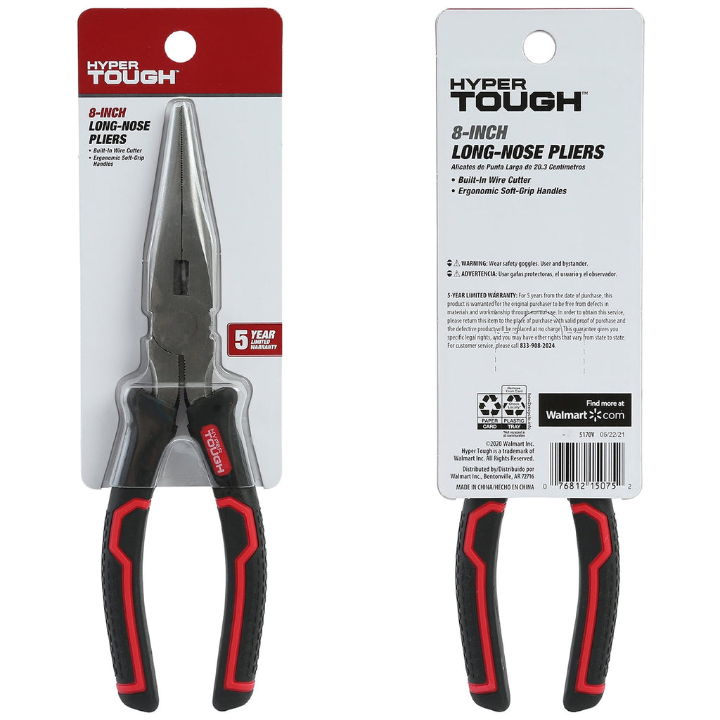 Hyper Tough 8-inch Long Nose Pliers with Ergonomic Comfort Grips, 5170V