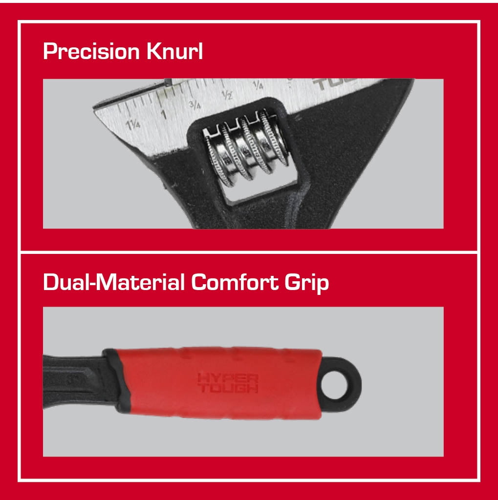 Hyper Tough 8-inch Wide Jaw Adjustable Wrench, Dual Material Comfort Grips