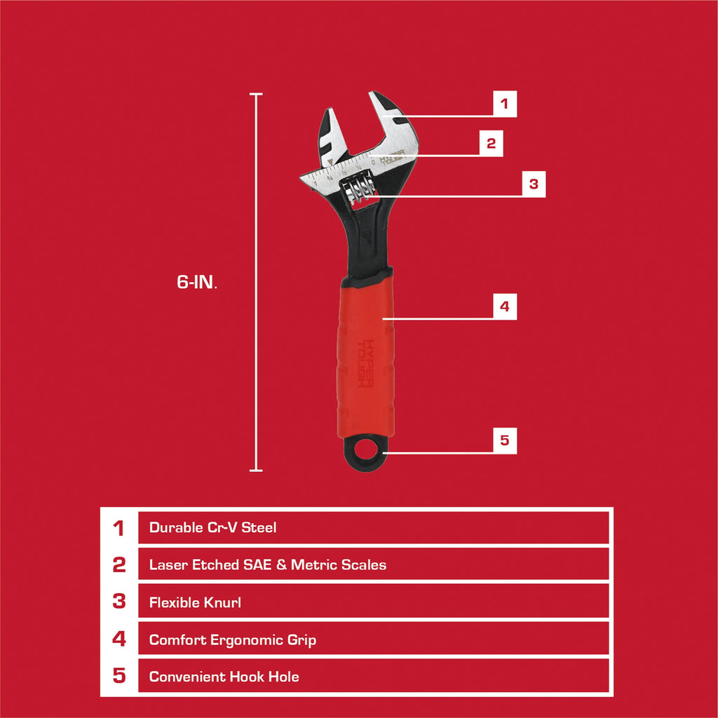 Hyper Tough 6-inch Wide Jaw Adjustable Wrench, Dual Material Comfort Grips