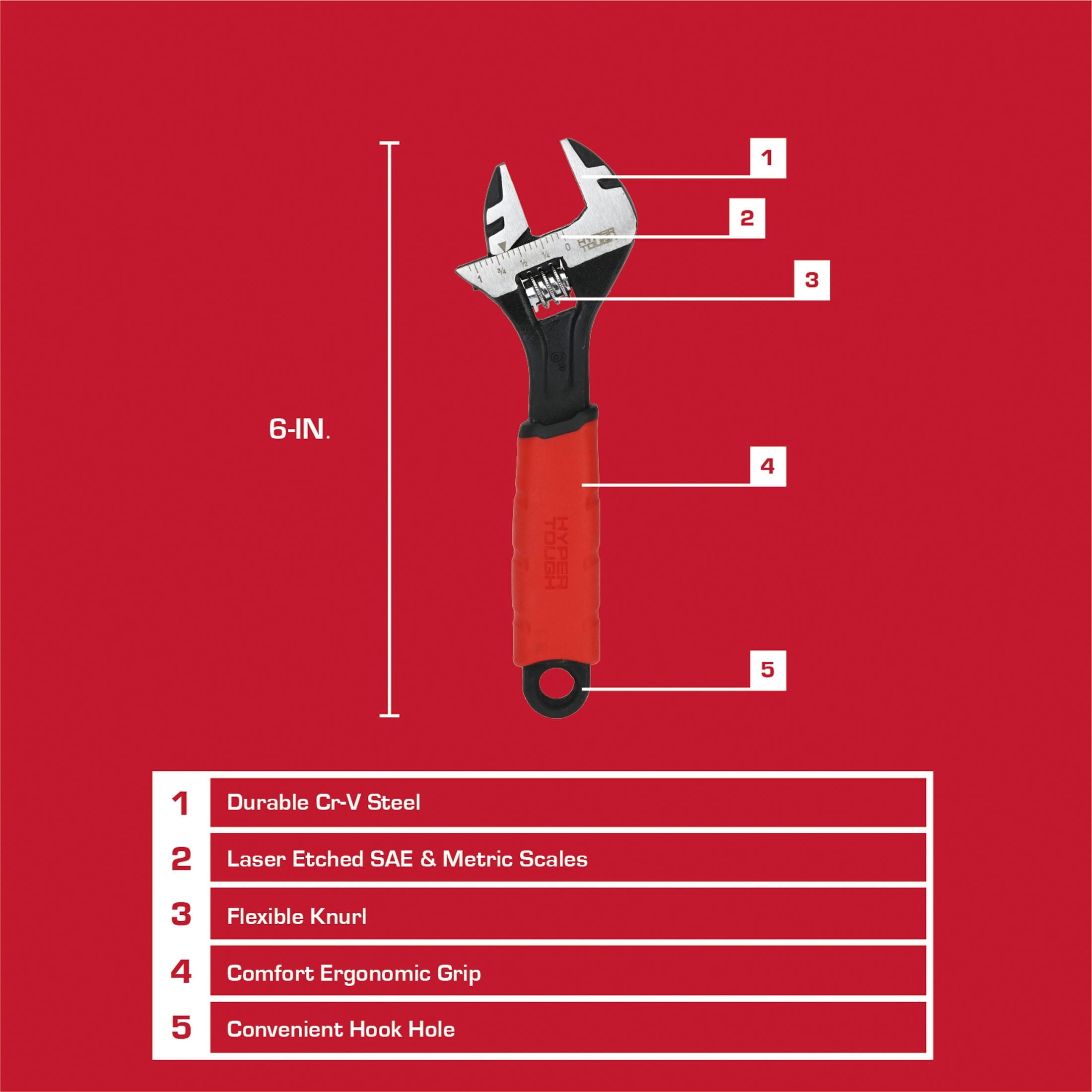 Hyper Tough 6-inch Wide Jaw Adjustable Wrench, Dual Material Comfort Grips